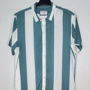 Free Planet Mens L Blue/Green and White Striped Button Down Short Sleeve